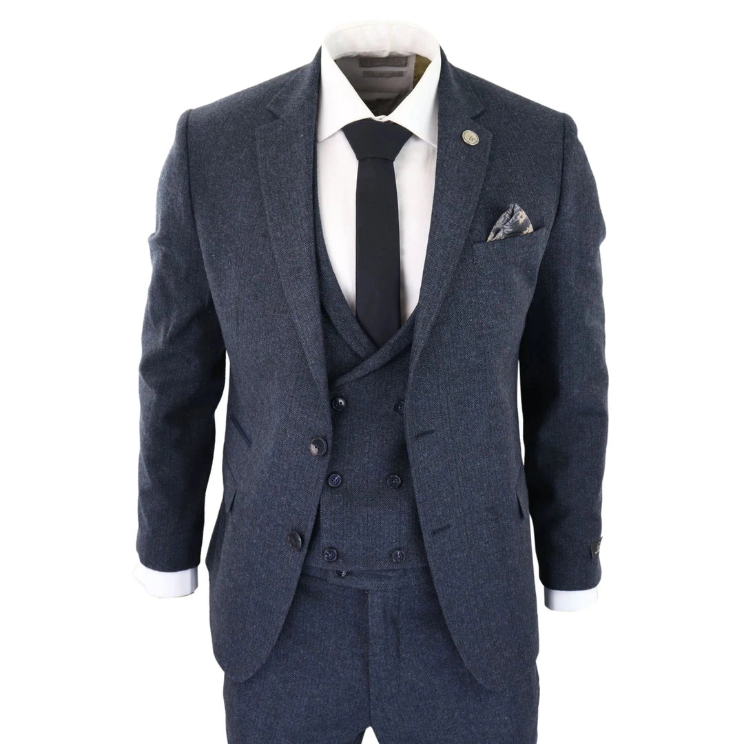Blue Tweed Trio: The Quintessential Gentleman's Double Breasted Suit.