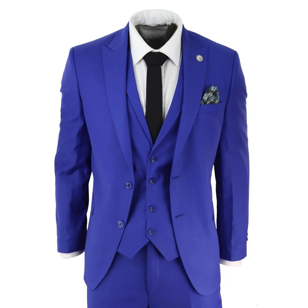 Royal Blue Bliss: Three-Piece Suit for Grooms and Groomsmen, Wedding Ready.