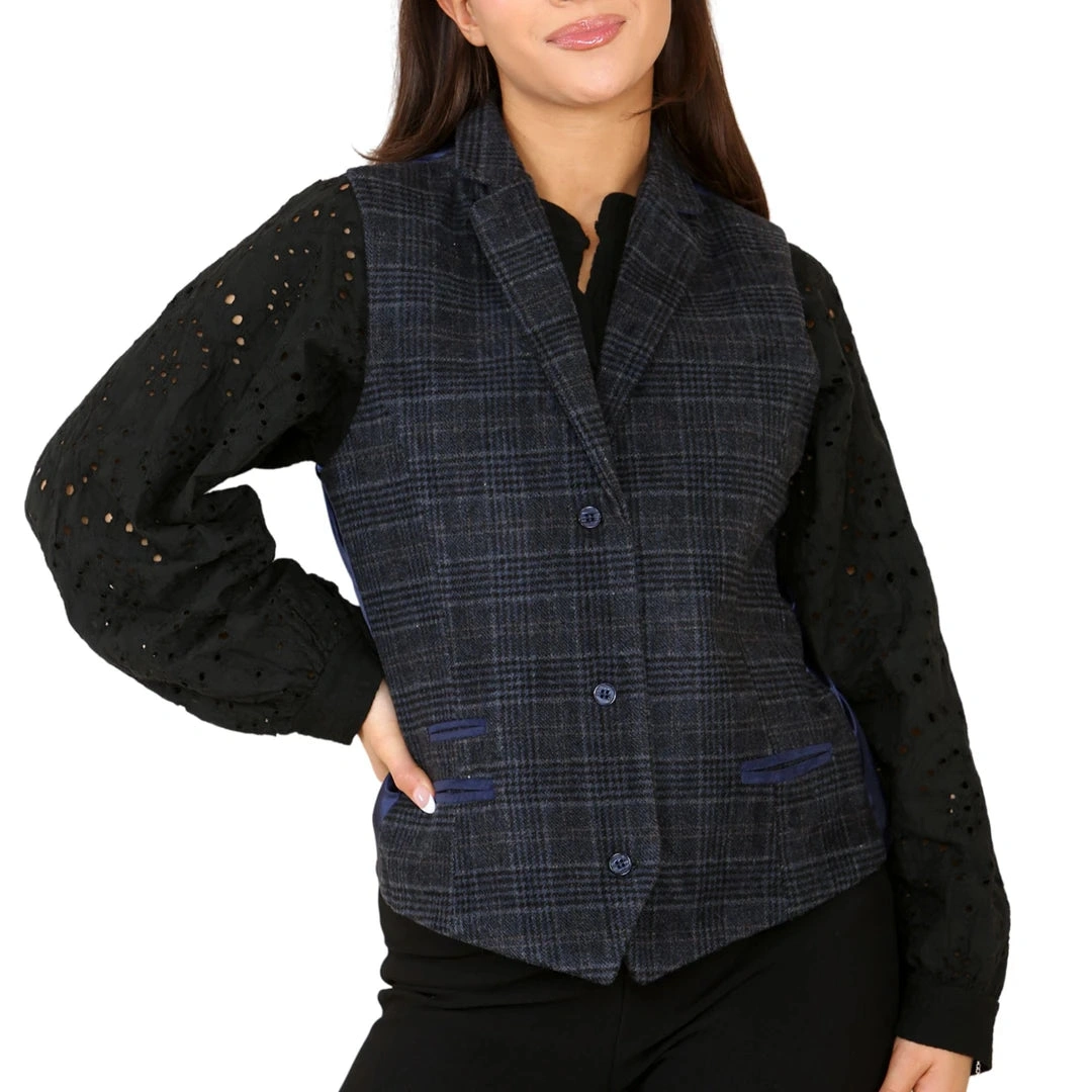 Classic Blue Tweed Waistcoat Blazer – Effortless Style for Her.
